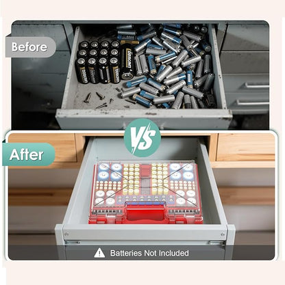 Upgraded Large Capacity Battery Storage Organizer with Tester, Battery Organizer Holds 185+Batteries with Double-Sided & Portable Handle, Fireproof & Splash-Proof Battery Holder for Most Sizes, Black
