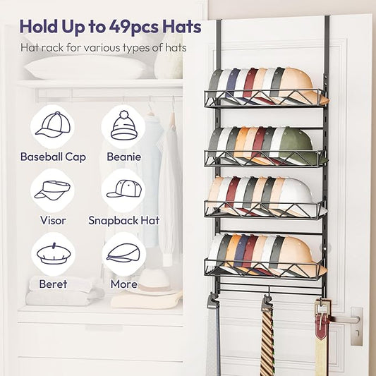 SWTYMIKI Over Door Hat Organizer - 5 Tier Wall Mounted Hat Rack with 4 Adjustable Metal Basket and 3 Hooks, Hanging Baseball Cap Organizer Storage Holds up to 49 Caps for Door, Bedroom, Closet