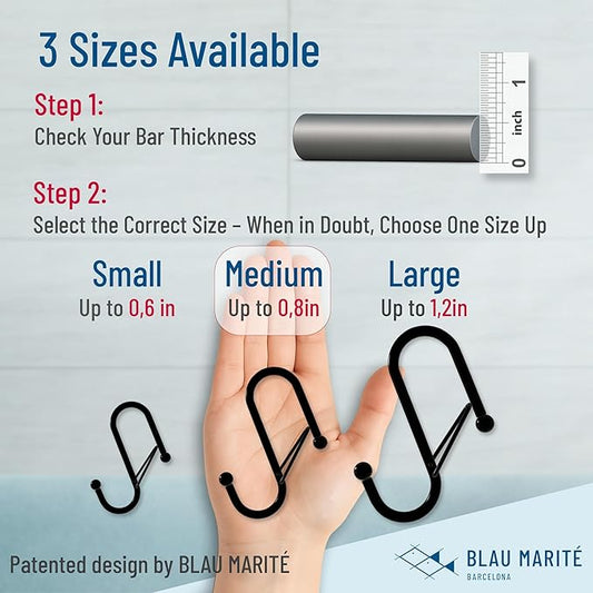 Blau Marité 10-Pack Metal S Hooks for Hanging – Heavy-Duty S-Shaped Hook with Safety Buckle – Fits Bars up to 0.8 In – Anti-Drop S-Hooks for Kitchen, Bathroom, Closet & Pot Racks – Silver (Medium)