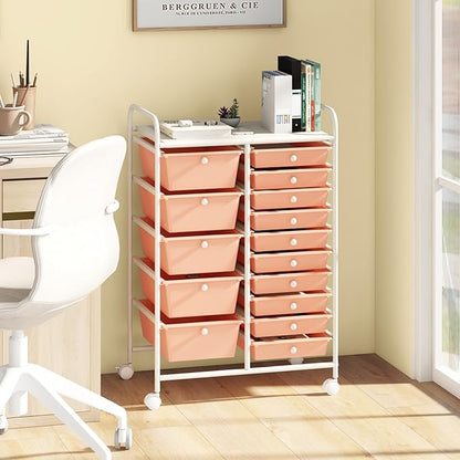 DORTALA 15-Drawer Rolling Storage Cart with Drawers, Rolling Utility Cart w/Removable Drawers & Universal Wheels, Tools Scrapbook Paper Organizer for School, Office, Home, Classroom (Light Pink)