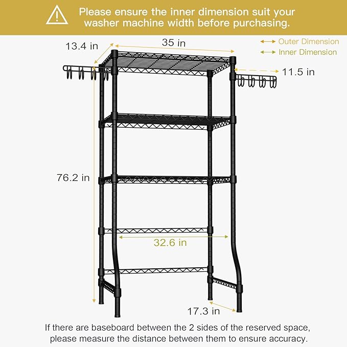 Ulif U8 Laundry Room Storage Organizer, Over The Washer and Dryer Storage Shelves for Laundry Organization, 35" W x 17.3" D x 76.2" H, Suit Washing Machine Width Within 32.6", Hold 304 lb, Black
