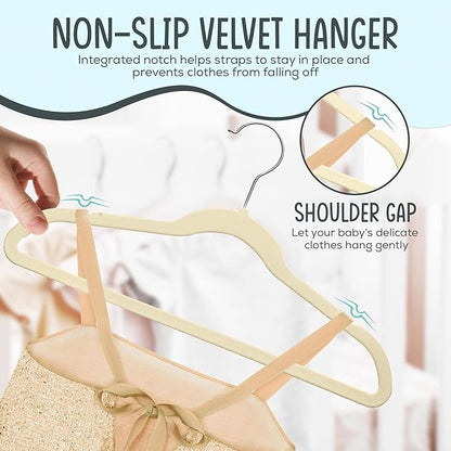 TechZoo 25 Premium Kids Velvet Hangers - 14" Non-Slip Clothes Hangers for Kids & Preteens - Ultra Slim, Space-Saving, Strong & Durable Hangers with 360° Swivel Hook - Beige
