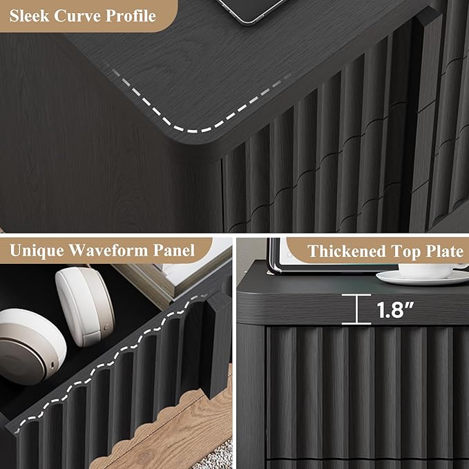 Harpaq Fluted Nightstand with Charging Station, 23.6" Night Stand with Solid Wood Handle, Mid Century Moden Bedside Table End Table 3 Drawer Dresser for Bedroom, Living Room, Black