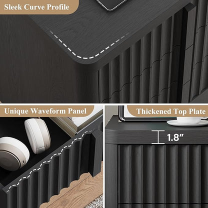 Harpaq Fluted Nightstand with Charging Station, 23.6" Night Stand with Solid Wood Handle, Mid Century Moden Bedside Table End Table 3 Drawer Dresser for Bedroom, Living Room, Black