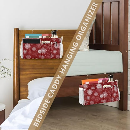CuwrYet Bedside Caddy Hanging Bunk Bed Caddy Bed Organizer Hanging Pocket with 2 Hooks Bedside Storage Organizer Pocket Bag Holder Red Christmas Snowflakes