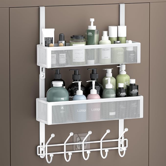 Aimeaihe Adjustable Over The Door Hooks Organizer, Door Hanger Coat Rack with 2 Mesh Baskets and 10 Hooks, Back of Door Storage Organizer for Bedroom,Bathroom,Kitchen (White)