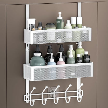 Aimeaihe Adjustable Over The Door Hooks Organizer, Door Hanger Coat Rack with 2 Mesh Baskets and 10 Hooks, Back of Door Storage Organizer for Bedroom,Bathroom,Kitchen (White)