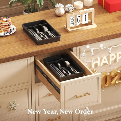Lifewit Silverware Tray, Cutlery Drawer Organizer Storage for Kitchen, Plastic Flatware Utensil Holder Divider for Spoons Forks Knives Tableware, 4 Compartment, Black