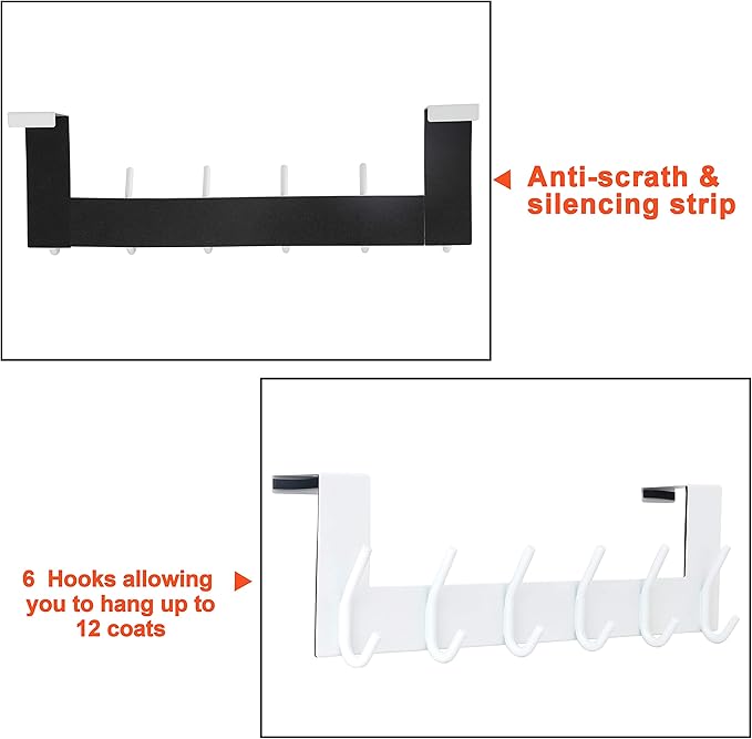 SKOLOO Over The Door Hook - 6 Hooks, No Assembly Required, Stainless Steel Door Hooks, Over Door Coat Rack for Hanging Coats Clothes Hats Robes, White