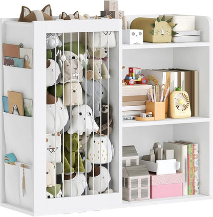 Kids Bookshelf and Toy Storage Organizer, 3 Tier Bookcase for Kids Rooms, Book Shelf with Stuffed Animal Storage, Side Oxford Fabric Pockets, for Playroom, Nursery, Bedroom, White CW02WT