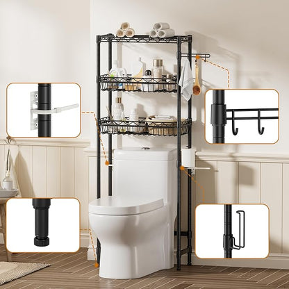 Golpart 3-Tier Over-The-Toilet Storage Shelf,Heavy-Duty Adjustable Bathroom Rack with 2 Mesh Baskets,Toilet Paper Holder & Hooks,Space-Saving Organizer for Bathroom,10”D x 24”W x 66”H,Black