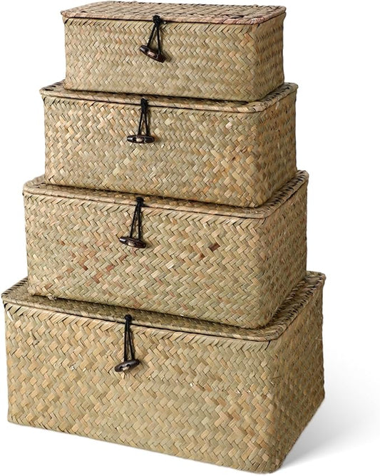 Woanger Set of 4 Wicker Storage Baskets Organizer，Handwoven Storage Bins with Lid for Organizing, Home Utility Box for Home Office Supplies Multipurpose Container(Natural Color)