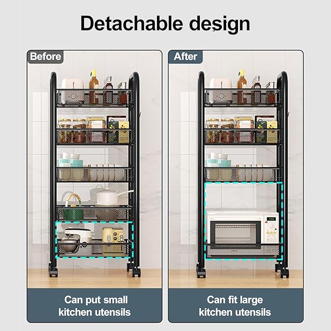 Fruit Vegetable Storage Basket,5 Tier Kitchen Storage Cart with 360 Degree Wheels, Fruit Vegetable Produce Basket Storage Organizer Stackable Metal Mesh Storage Basket for Kitchen, Pantry,