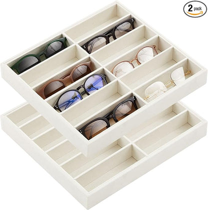 Amylove 2 Pcs Sunglass Organizer Trays Glasses Stackable Jewelry Trays Sunglass Organizer Display Box (12 Grids,Beige)