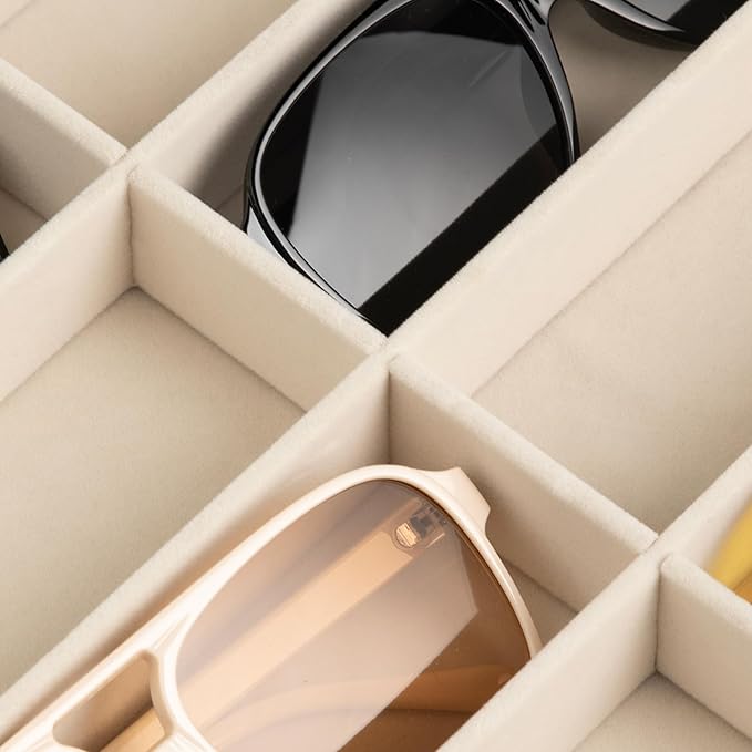 Frebeauty Sunglass Organizer,Velvet Glasses Organizer,8-Slot Sunglasses Tray with Clear Lid,Men's/Women's Sunglasses Box,Sunglass Case,13.3 x 9.6 x 2.2 Inches,Eyeglass/Eyewear Display Tray(Beige)