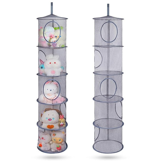 Basumee Stuffed Animals Net or Hammock 2 Pcs Stuffed Animals Storage Toy Net Hammock for Plushies Storage Organizer Mesh Girls Room Decor, Gray, 5 Tiers