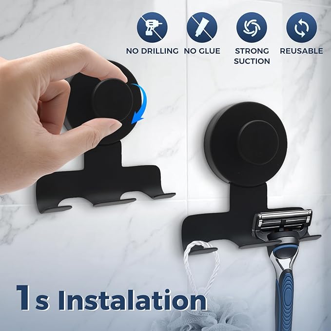 WingWider Suction Cup Razor Holder for Shower,Heavy-Duty 7KG Suction Hooks for Razor,Towel,Loofah,Removable Damage-Free Metal Shower Hook,Shaver Holder,2 Pack(Matte Black)