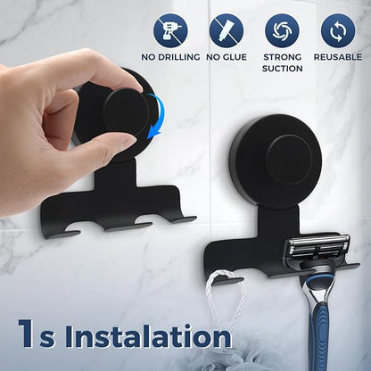WingWider Suction Cup Razor Holder for Shower,Heavy-Duty 7KG Suction Hooks for Razor,Towel,Loofah,Removable Damage-Free Metal Shower Hook,Shaver Holder,2 Pack(Matte Black)