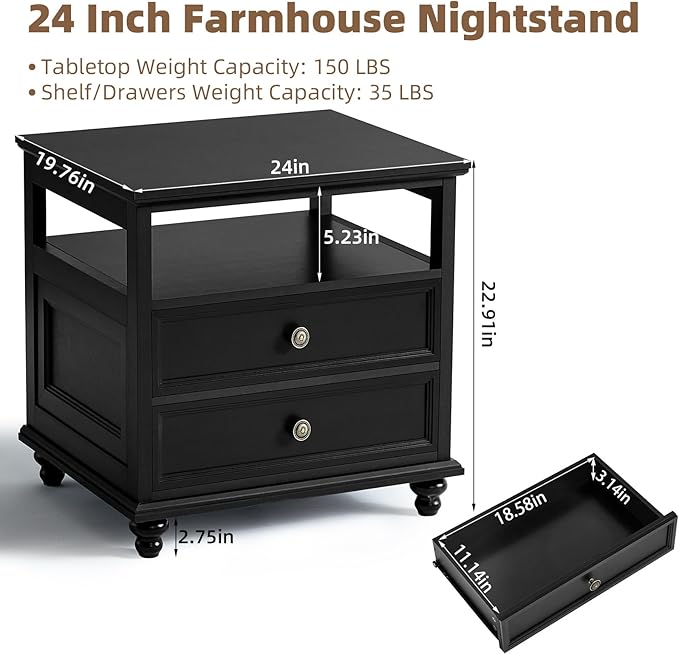 Joaxswe 24" Wide Farmhouse Night Stand Set of 2,Large End Table with 2 Drawers & Metal Handle,Black Wood Dresser for Bedroom, Bed Side Table Chest of Drawers Cabinet, Nightstand for Living Room,Closet