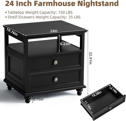 Joaxswe 24" Wide Farmhouse Night Stand Set of 2,Large End Table with 2 Drawers & Metal Handle,Black Wood Dresser for Bedroom, Bed Side Table Chest of Drawers Cabinet, Nightstand for Living Room,Closet