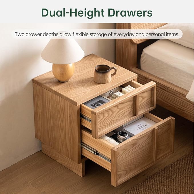 YESWOOD Solid Wood Nightstand, Natural Wood Nightstand with Drawers, Mid Century Modern Nightstands, Wood Bedside Table for Small Space, Boho Night Stand, Fluted Night Stands for Bedroom,18.90" H