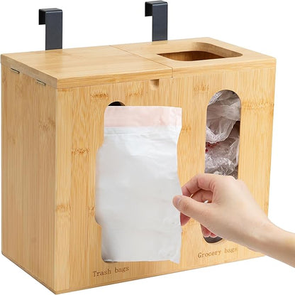 Trash Bag Dispenser & Grocery Bag Organizer, 2 in 1 Bamboo Garbage Bags Storage Box for Cabinet Door, Under Sink, or Wall Mounting