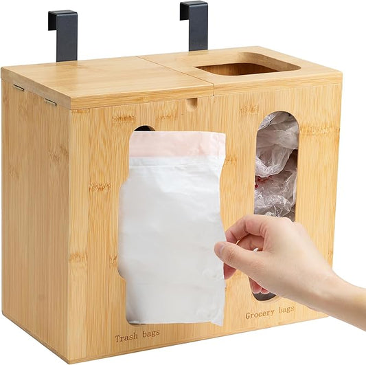 Trash Bag Dispenser & Grocery Bag Organizer, 2 in 1 Bamboo Garbage Bags Storage Box for Cabinet Door, Under Sink, or Wall Mounting