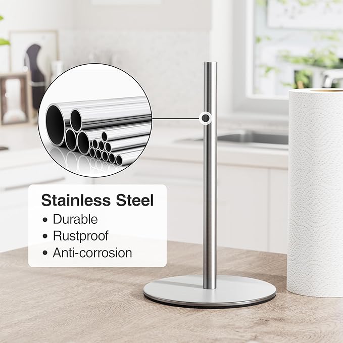 Silver Paper Towel Holder Free-Standing, Premium Stainless Steel Paper Rolls Organizer, Classic Fashion Kitchen Roll Dispenser