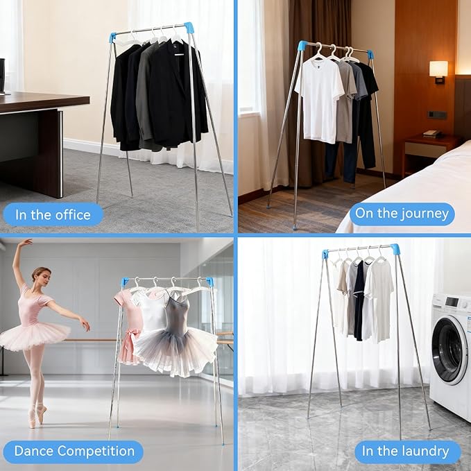 Twist-to-Lock Foldable Clothes Drying Rack for Travel, Portable Hanging Garment Rack, Collapsible Clothe Rack for Camping, Dance Competitions, Hotel & Dorm Use (Rack Set)
