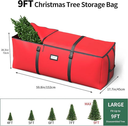 Christmas Tree Storage Bag, Fits Up to 9 Ft Artificial Christmas Tree with Buckle Straps & Dual Zippers & Handles, 600D PVC Durable Waterproof Material Protects from Dust.(Red)