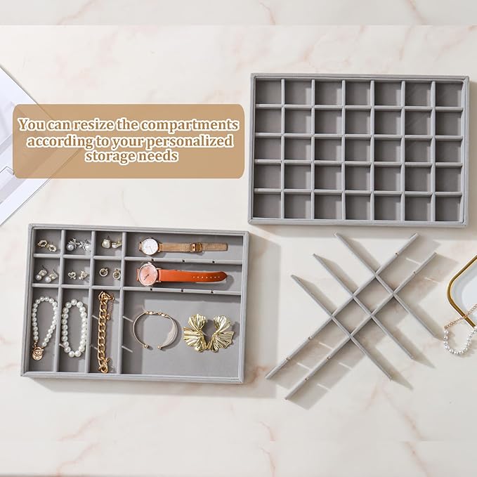 KATISYIO Large Velvet Jewelry Tray 2 Pack Stackable Jewelry Display Drawer Inserts Trays Organizer for Earring Bracelet Necklace Ring (Gray, 35 Grids)