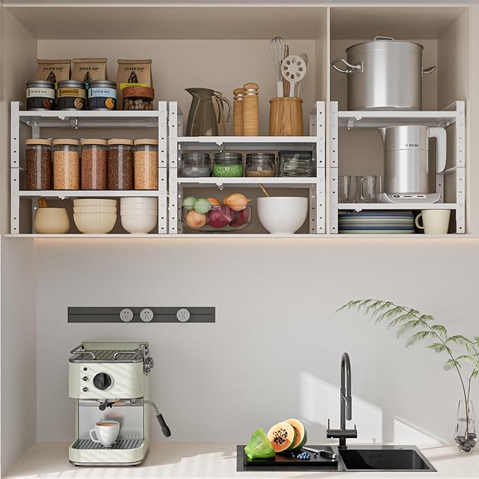 Expandable,Adjustable & Stackable Spice Rack, Cabinet Kitchen Countertop Shelf Organizer,Metal Pantry Storage Shelves - Space-Saving Storage Solution(2Packs/White/Large)