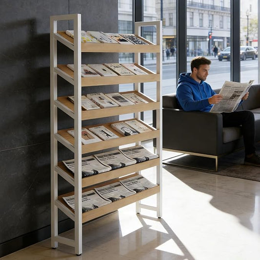 Floor-Standing Magazine Rack 6 tier, Newspaper Holder 38° Slant, Book Display Shelf, Brochure Display Stand for Exhibitions Shopping Malls Hospitals Offices School (White)