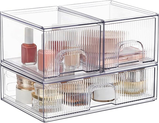 Vorey Clear Stackable Desk Storage Drawers, 3 Pack Acrylic Bathroom Makeup Organizers, Easily Assemble All Purpose Plastic Bins for Brightroom, Pantry Organization, Vanity, Undersink, Cabinet