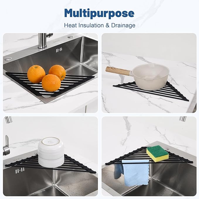 Triangle Roll Up Dish Drying Rack with Silicone Coated and Stainless Steel Over The Sink, Foldable, Anti-Rust and Anti-Slip Kitchen Drainer & Organizer for Top of Sink Corner, Black