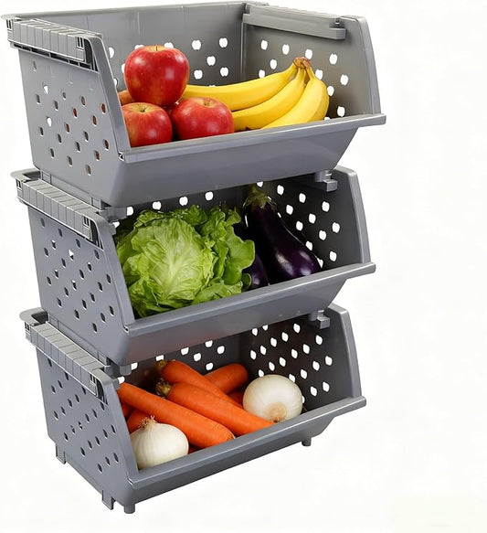 Stackable Storage Bins for Pantry Organizers and Storage 3 Pack, Pantry Storage Basket for Office, Garage, Kitchen and Home Organization (Grey)
