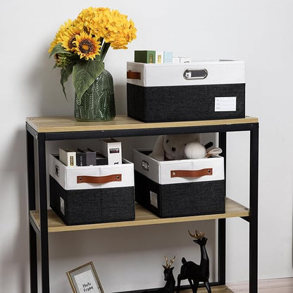 PRANDOM Larger Foldable Storage Bins with Handles [3-Pack] Fabric Collapsible Storage Boxes Baskets Cubes Containers with Handles for Closet Living Room Bedroom (Black & White 17.3x12.2x10.4')