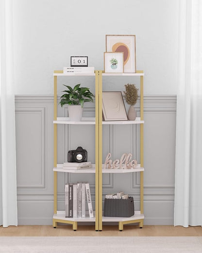 Corner Shelf Stand, Corner Bookshelf, Storage Standing Shelf Unit with Metal Frame, Plant Stand, Corner Bookcase for Living Room, Home Office, Bedroom, 4-Tier White Gold CS05803A