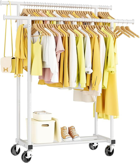 Double Rods Clothes Rack, Rolling Clothing Rack for Hanging Clothes Portable Wardrobe Rack, Metal Garment Rack Sturdy Coat Rack for Bedroom Laundry Living Room, White