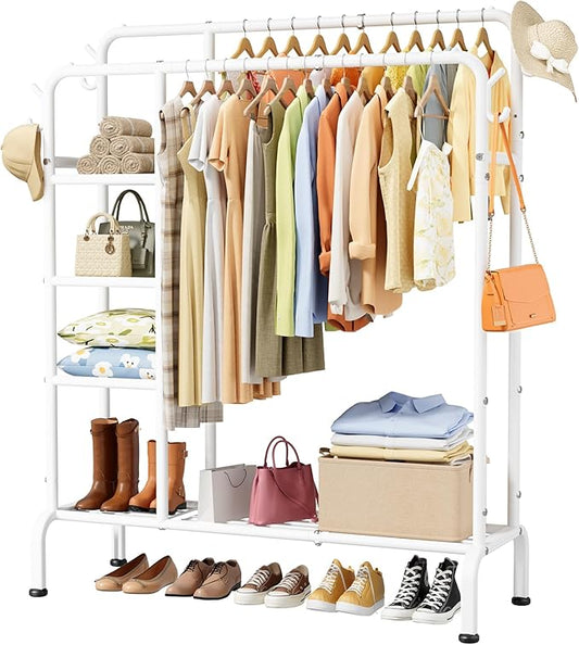 Clothes Rack - Double-Rod Clothing Rack with Built-In Hooks & Shelves, Multi-Functional Wardrobe Closet for Bedroom, Living Room, Entryway, 41.3" x 15.3" x 59.8", White