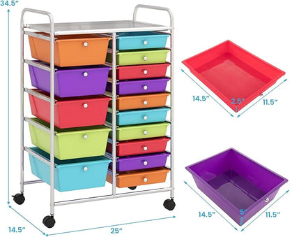 Giantex 15-Drawer Organizer Cart Office School Storage Cart Rolling Drawer Cart for Tools, Scrapbook, Paper (Multicolor)