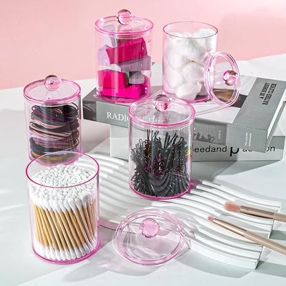 XIPENGKEJI 6 Pack Qtip Holder,Canister Apothecary Jar Set, Bathroom Jars with Lids Set for Cotton Swabs, Balls, Pads, Floss Picks,10oz-12oz Plastic Canisters Restroom Bedroom Vanity Organizer(Pink)