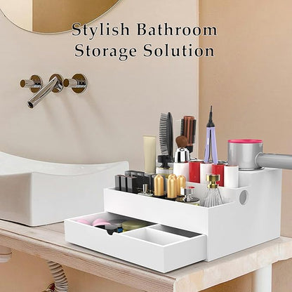 QooWare Hair Tool Organizer, Wood Hair Dryer Holder with Drawer & 3 Stainless Steel Cups, Versatile Bathroom Vanity Storage for Hair Styling Tools, Hot Tools, Brushes and Cosmetics - White