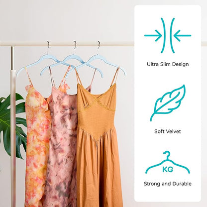 Sishynio Velvet Hangers 50 Pack – Slim Non-Slip Flocked Clothes Hangers with Notches, Space-Saving Durable Hangers for Dresses, Coats, Blouses(Blue)