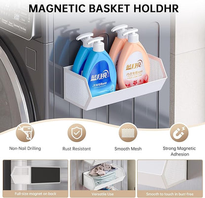 Magnetic Basket for The Side of Washing Machine Magnetic Lint Bin for Laundry Room Magnetic Spice Rack for Refrigerator Laundry Room Organization and Storage, Metal (White, Large)