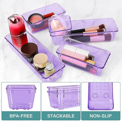 StorMiracle 16 PCS Drawer Organizer Set, 5 Varied Size Bathroom and kitchen Drawer cabinet organizer Trays, Clear Storage Bins for Makeup, Jewelry, Utensils and Gadgets, Purple