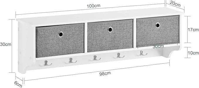SoBuy Wall Shelf with Hooks, Coat Rack Wall Mounted with Shelf, Entryway Wall Cubby Storage Cabinet Unit with 3 Baskets 5 Hooks, Wihte, FRG282-W