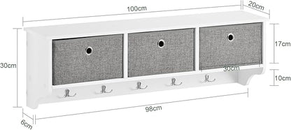 SoBuy Wall Shelf with Hooks, Coat Rack Wall Mounted with Shelf, Entryway Wall Cubby Storage Cabinet Unit with 3 Baskets 5 Hooks, Wihte, FRG282-W
