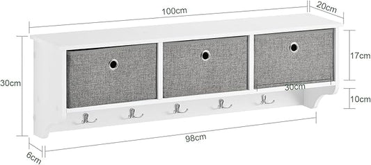 SoBuy Wall Shelf with Hooks, Coat Rack Wall Mounted with Shelf, Entryway Wall Cubby Storage Cabinet Unit with 3 Baskets 5 Hooks, Wihte, FRG282-W