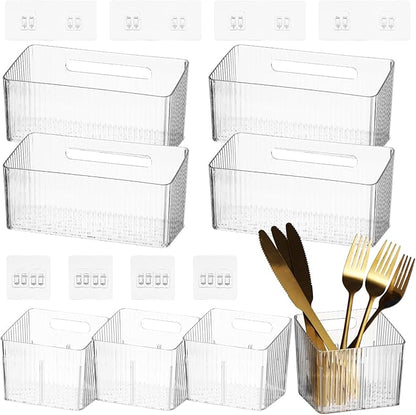8 PCS Clear Cabinet Door Organizer Bins with Adhesive Hooks, Wall Mount Hanging Storage Baskets with Drain Holes, Plastic Under Sink Drawer Organizers for Bathroom, Kitchen, Pantry, Fridge